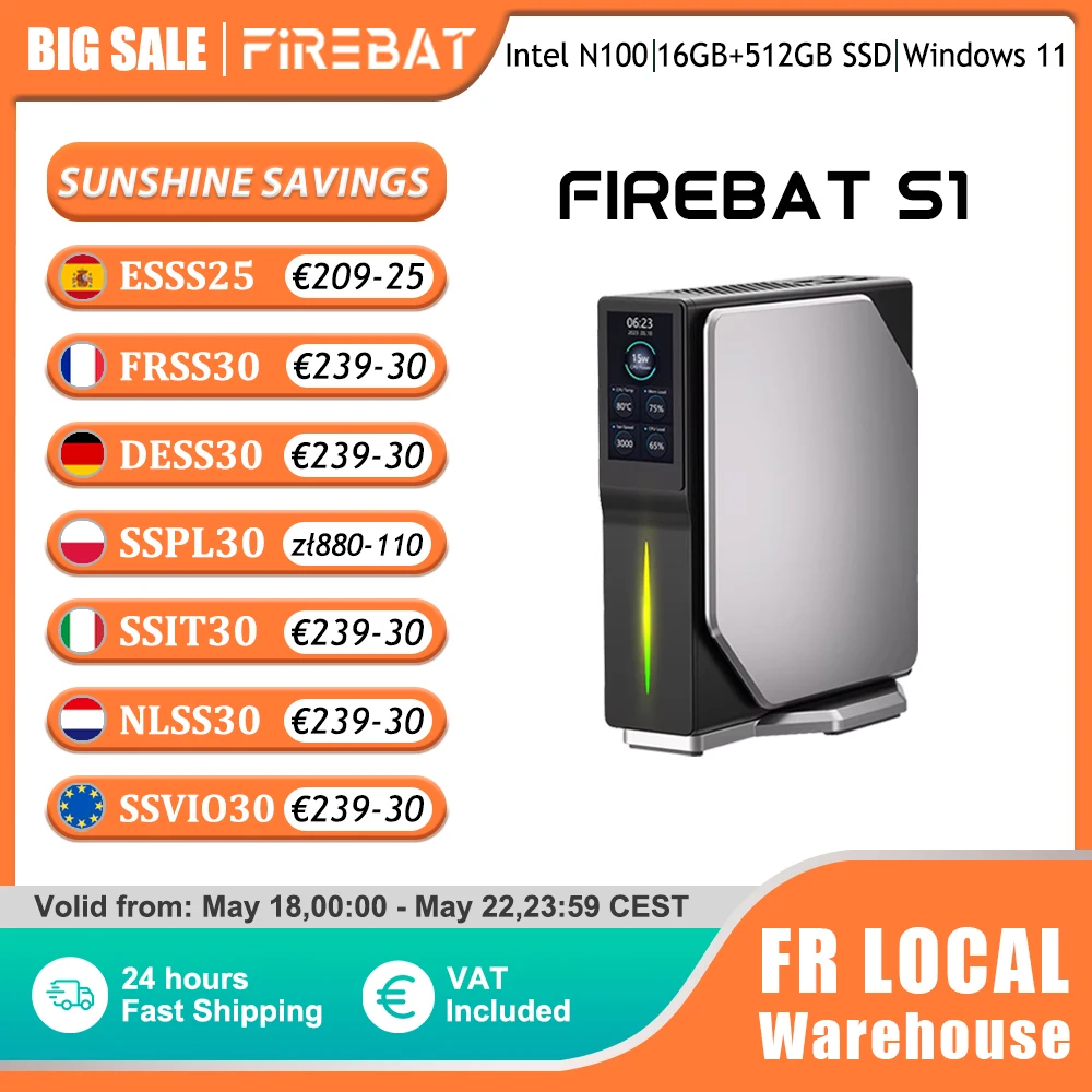 Mini PC FIREBAT S1 Intel Alder Lake N100 DDR4 16GB RAM 512GB SSD Windows 11 Computadora de Escritorio BT4.2 Pantalla Inteligente Dual HDMI
