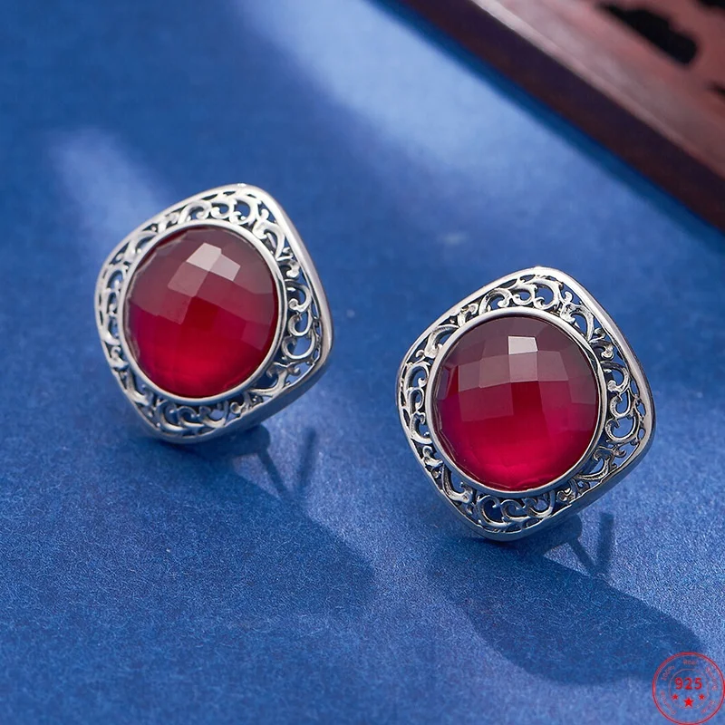 S925 Sterling Silver Charms Studs Earrings for Women Palace Style Hollow Eternal Rattan Red Corundum Ear Studs Fashion Jewelry