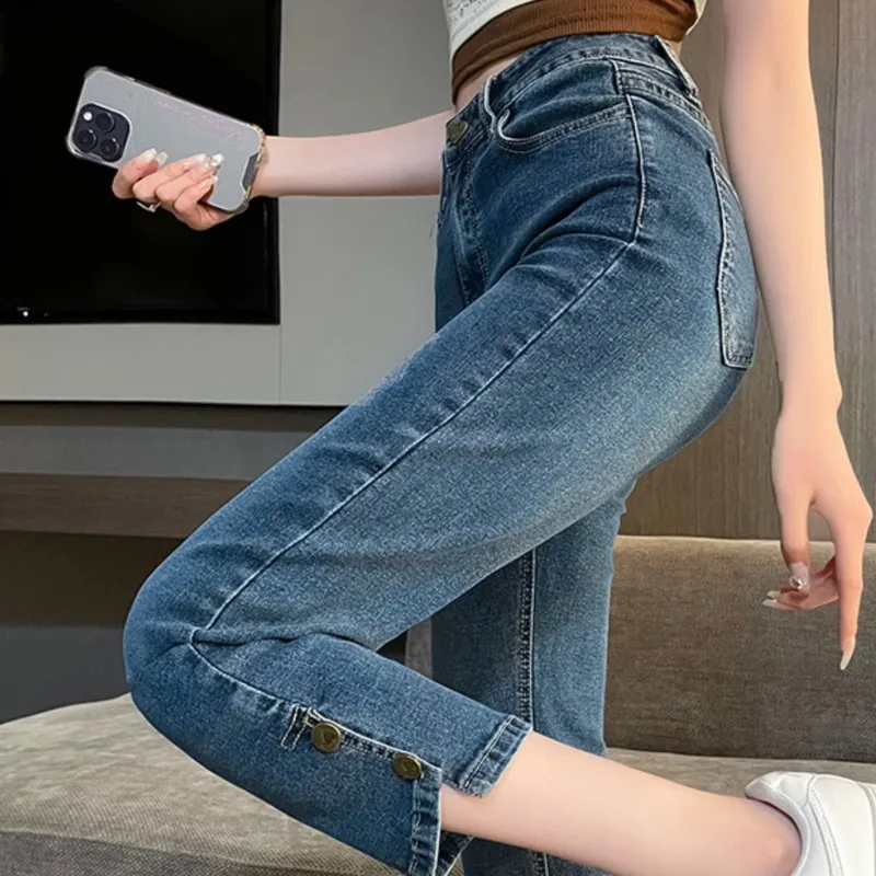 Jeans skinny dritti in denim di alta qualità da donna a nove punti piccoli nuovi pantaloni dal design stretto elasticizzato a vita alta