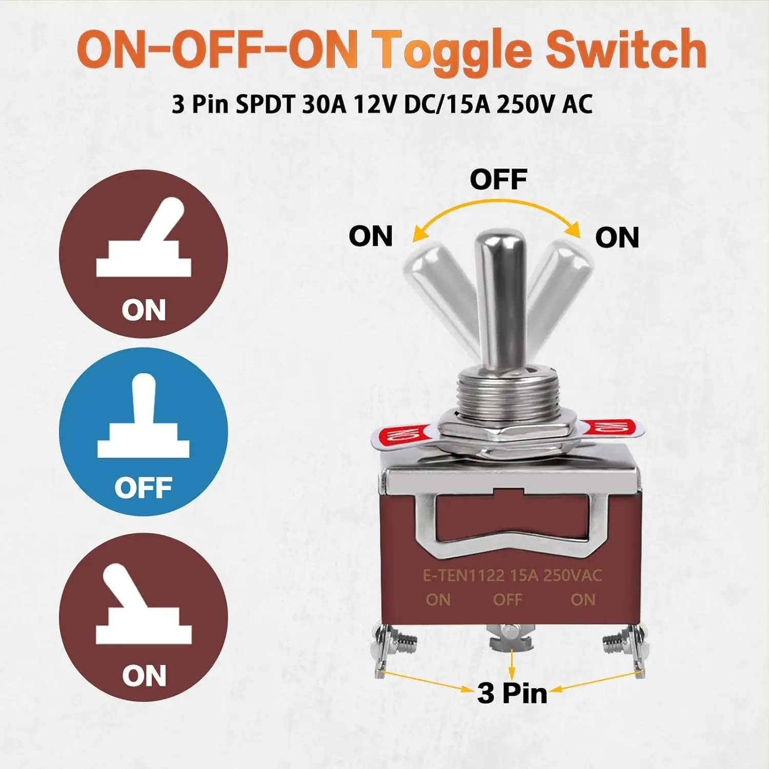 6pcs Waterproof Toggle Switch 12V DC 30A On Off On 3 Way SPDT 12 Volt Heavy Duty Marine Toggle Switch 3 Position 3 Pin for Car