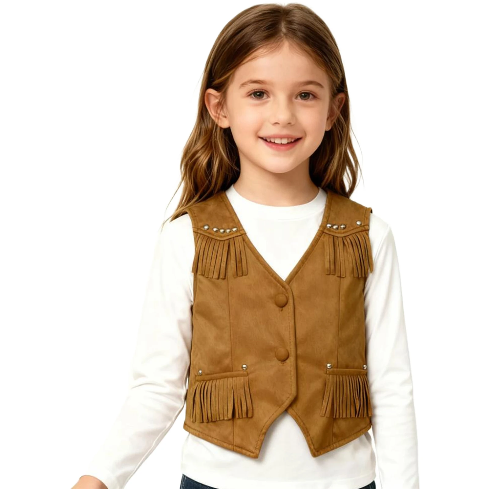 

Girls Bohemian Faux Suede Vest with 70s Tassel Details And Western Styling Sleeveless Hippie Jacket for Vintage Inspired Outfits