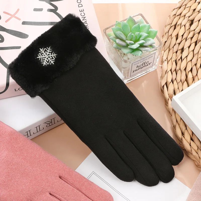 Women Winter Keep Warm Touch Screen Plus Cashmere Thicken Gloves Cycling Drive Elegant Bow Plush Wrist Anti Slip Windproof