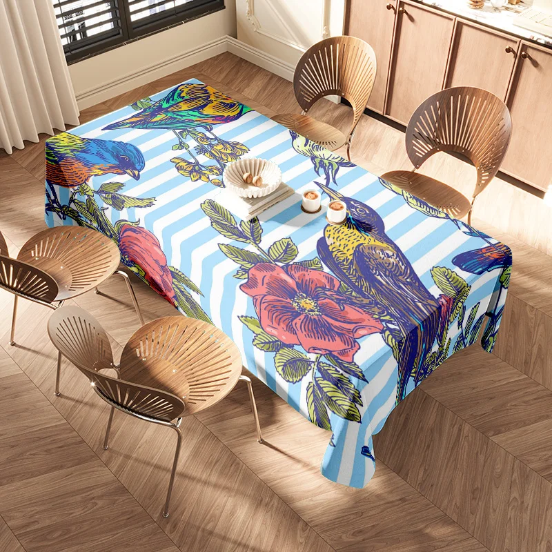 Multicolored Birds Striped Printed TableclothModern Dining Room Decor 3D Digital Printing Easy Care Universal Fit