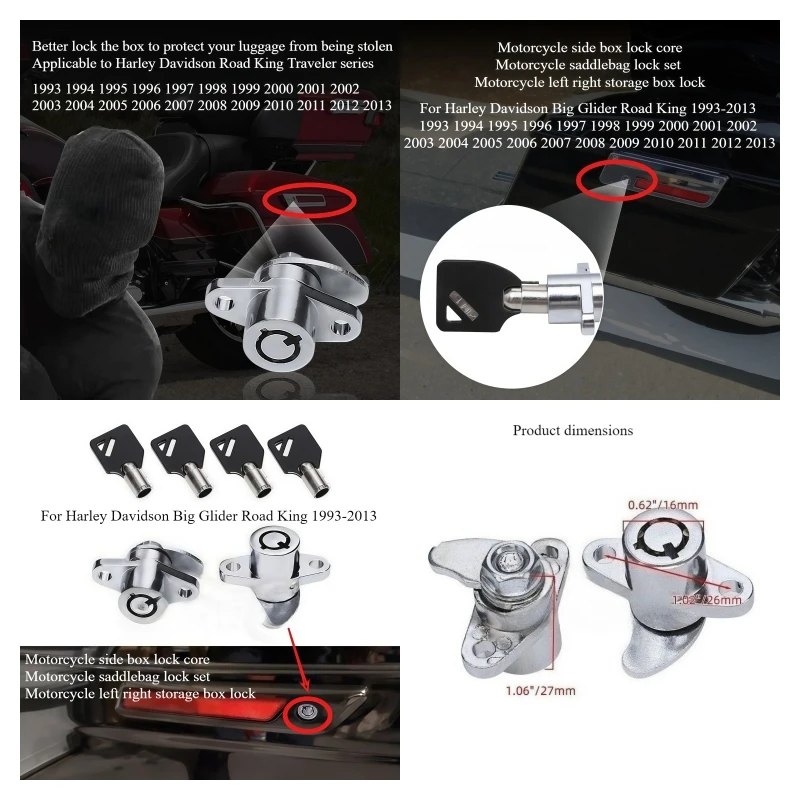 Motorcycle saddlebag lock set for Harley Davidson Big Glider Road King 1993-2013 side box lock core left right storage box lock