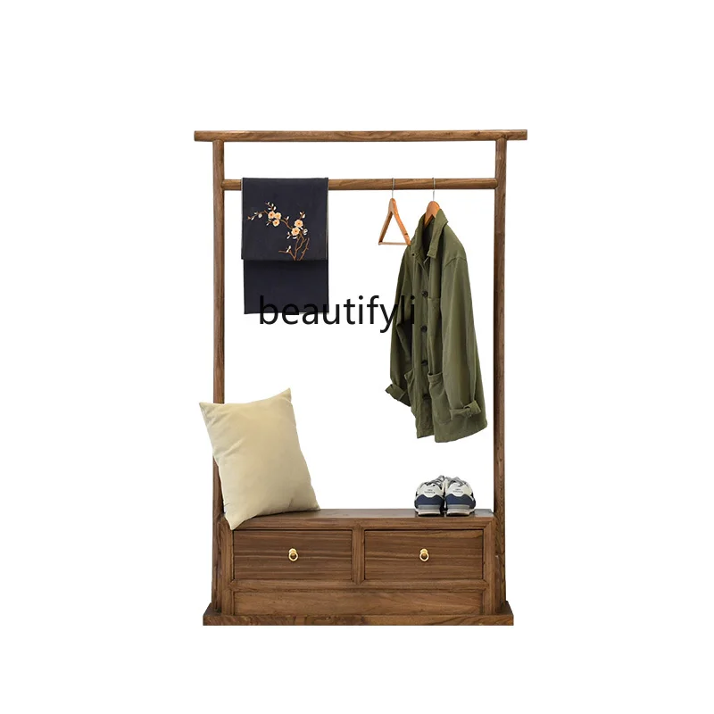 New Chinese coat rack floor-to-ceiling solid wood modern simple hanger bedroom double drawer wardrobe home furniture