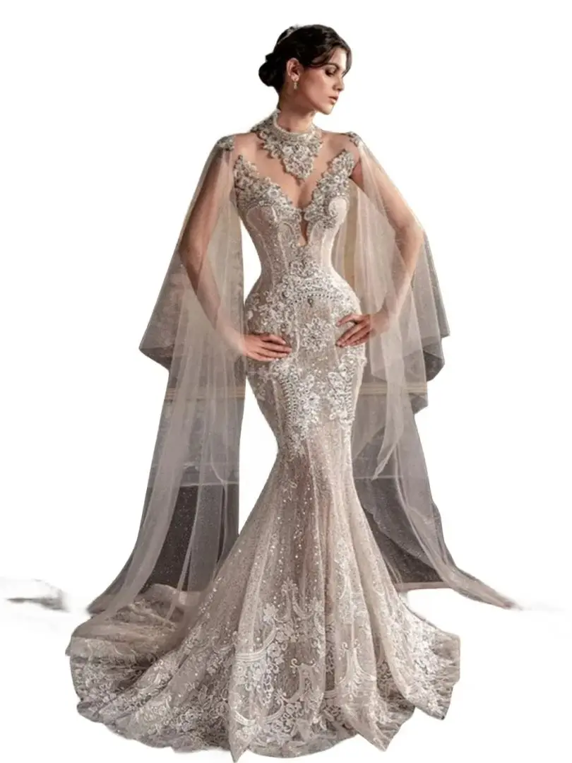 Luxury Beaded Lace Wedding Dresses Mermaid Bride Dress Long Cape Sleeves Long Bridal Gown Robe De Mariee