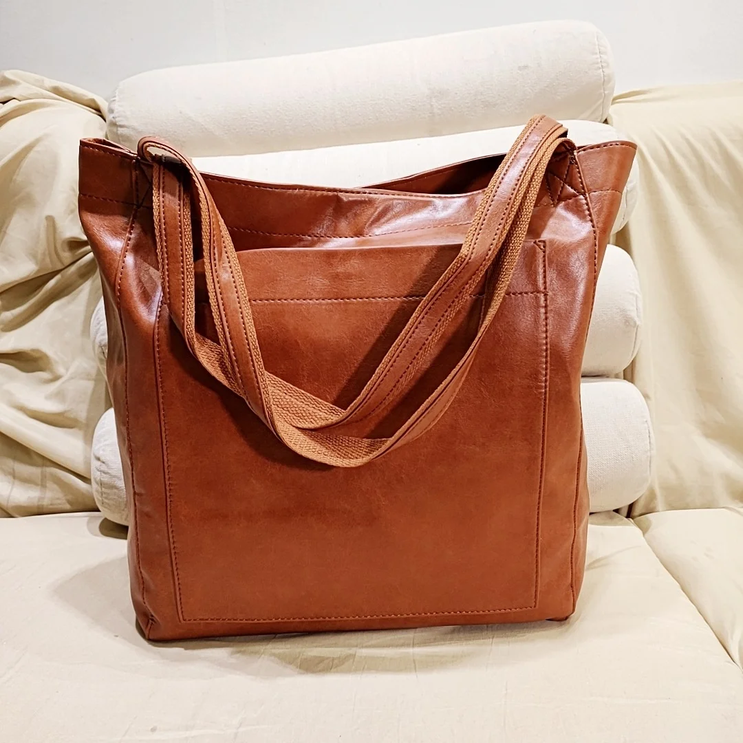 NEW Fashion Oversized Tote for Women Handbag Large Shoulder Vintage Style Solid Color Soft PU Leather Purses Casula Brown Bag