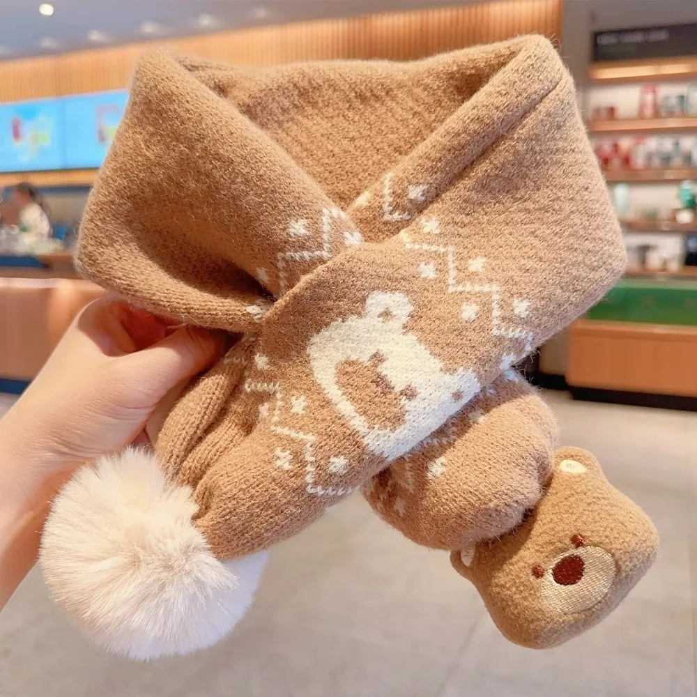 

Thickened Children's Scarves Cute Milk Coffee Little Bear Cold-Proof Warm Neck Warmer Cross Scarf Knitted Scarf