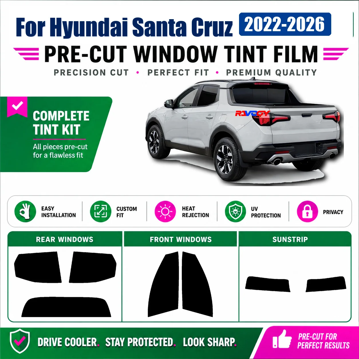 For Hyundai Santa Cruz 2022-2026 Premium Full Set Window Sun Shade Film Custom Cut Kit