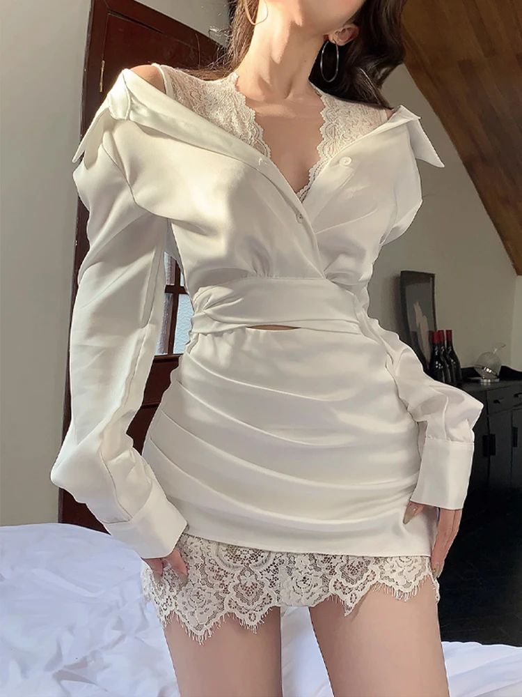 

Sexy Lace Splice Maxi Dress Women's Autumn plus Size High Waist A-Line Skirt Long Sleeve V-Neck Casual Wear Pear Shape Body