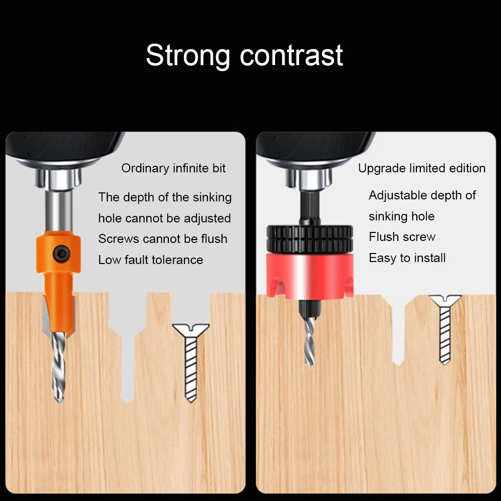 1PC Woodworking Limit Countersink Drill  Non Slip Hexagonal Shank With Bearing Adjustable Step Drill Countersink Screw Opener