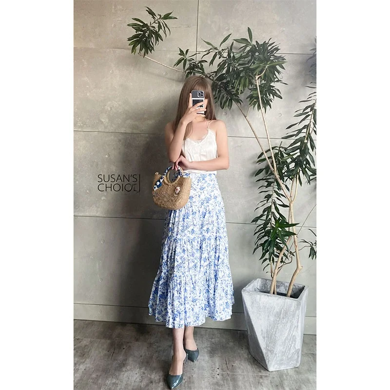 

Susan High Waist A-Line Midi Skirt Spring Summer New Sle Floral Print Blue Women's Versatile f-length Skirt