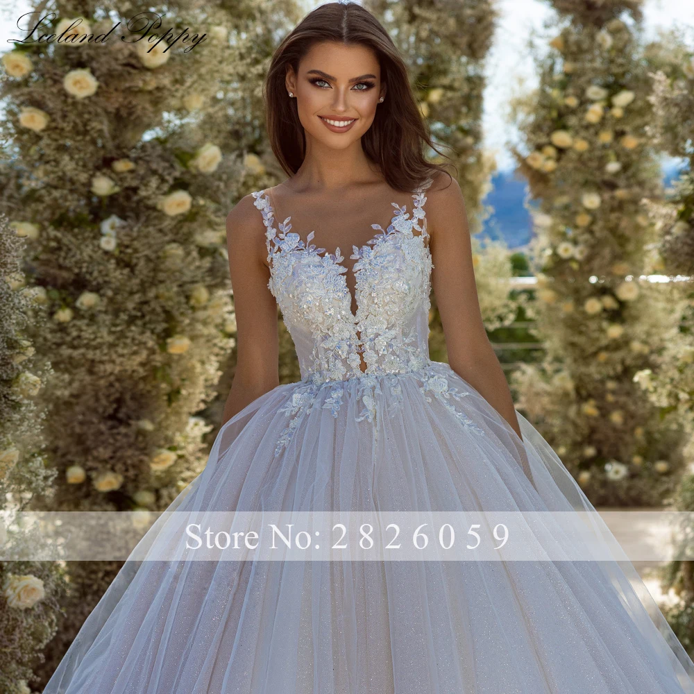 IJsland Poppy op maat gemaakte baljurk glanzende tule trouwjurken vloerlengte illusie kralen kanten bruidsjurken