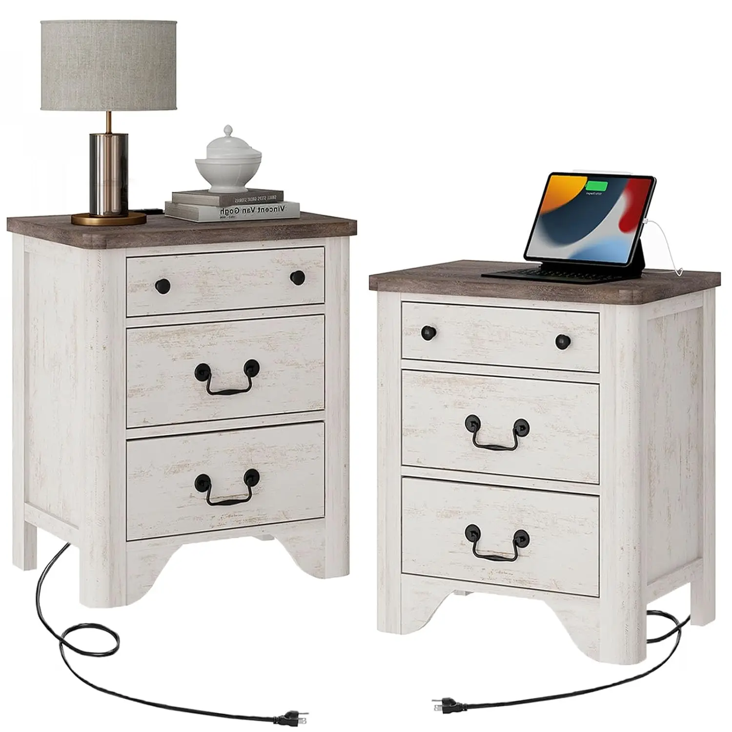

Farmhouse Nightstand Set of 2,Wooden Nightstand with Charging Station with Large 3 Drawers Storage Cabinet,White, Customized