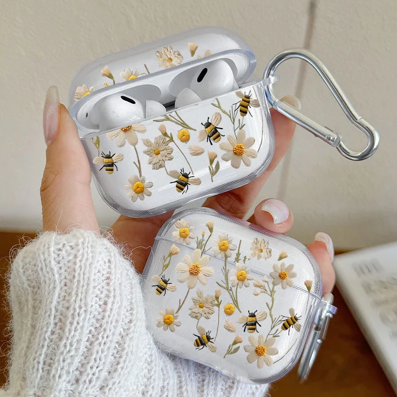 

Bee White Flower TPU Case For AirPods 4 3 1/2 Earphone Cover for Airpod Pro 2 and Pro Protective Case Gift for Friends Family