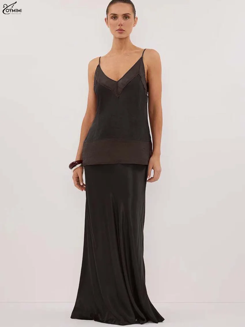

Oymimi Fashion Black Patchwork Women's Two Pieces Set Casual Spaghetti Strap Open Back Tops And Simple Floor-Length Skirts Sets