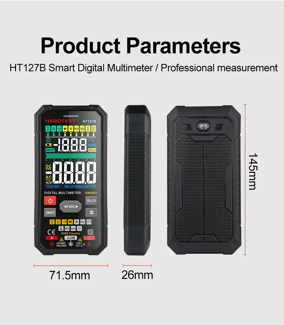 HT127B Smart Digital Multimeter LCD VA Display Auto Range True RMS Multi-Functional Meter NCV Tester 600V Voltmeter NCV Tester