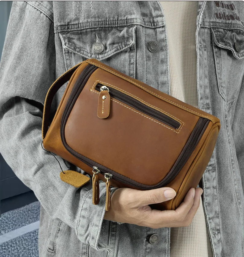 Bolsa de maquiagem de couro legítimo, feita à mão, em couro bovino de primeira camada, para homens e mulheres, para viagem.