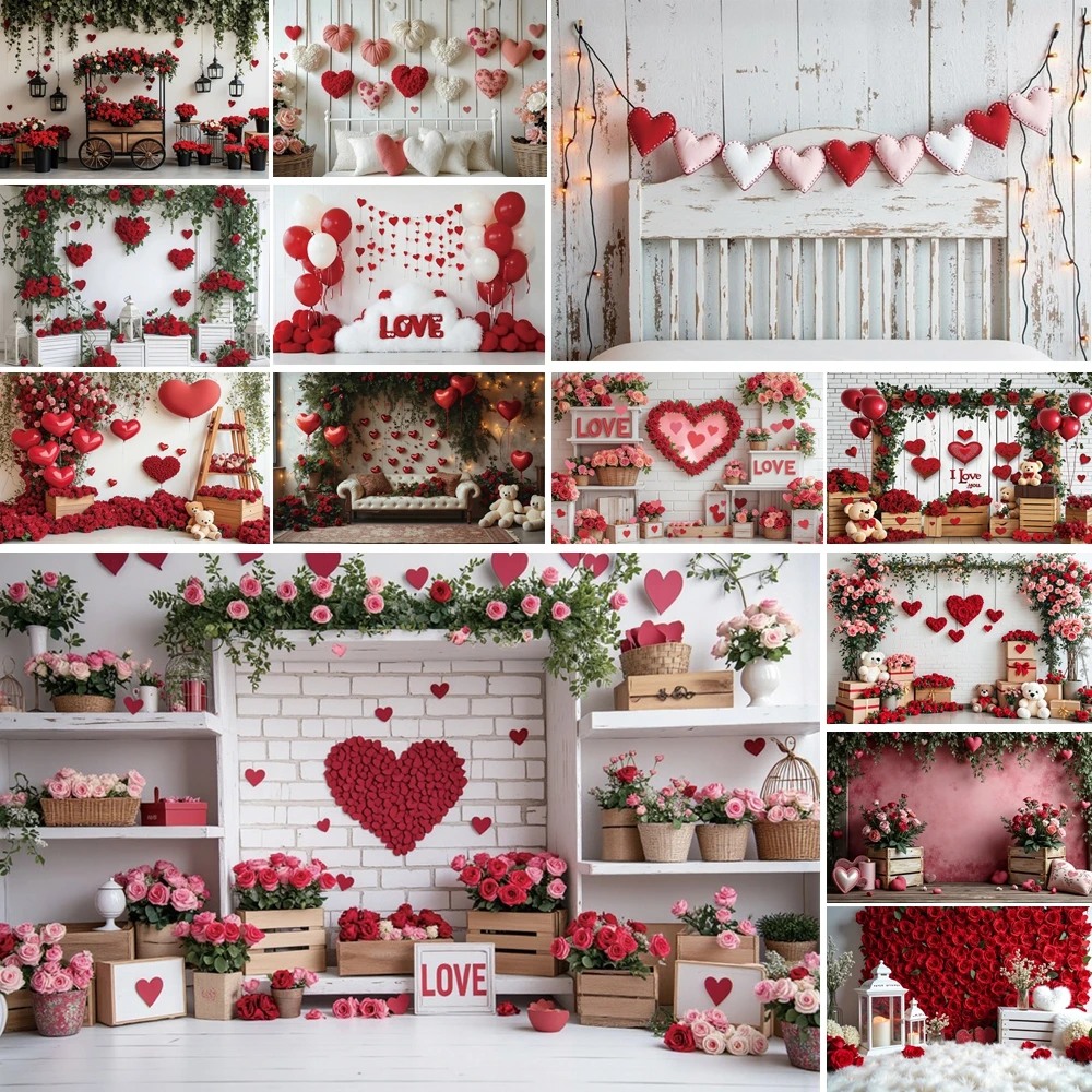 

MOON.QG Valentine's Day Decoration Backgrounds For Photographs White Brick Wooden Rose Balloon Backdrop Maternity Shooting Props