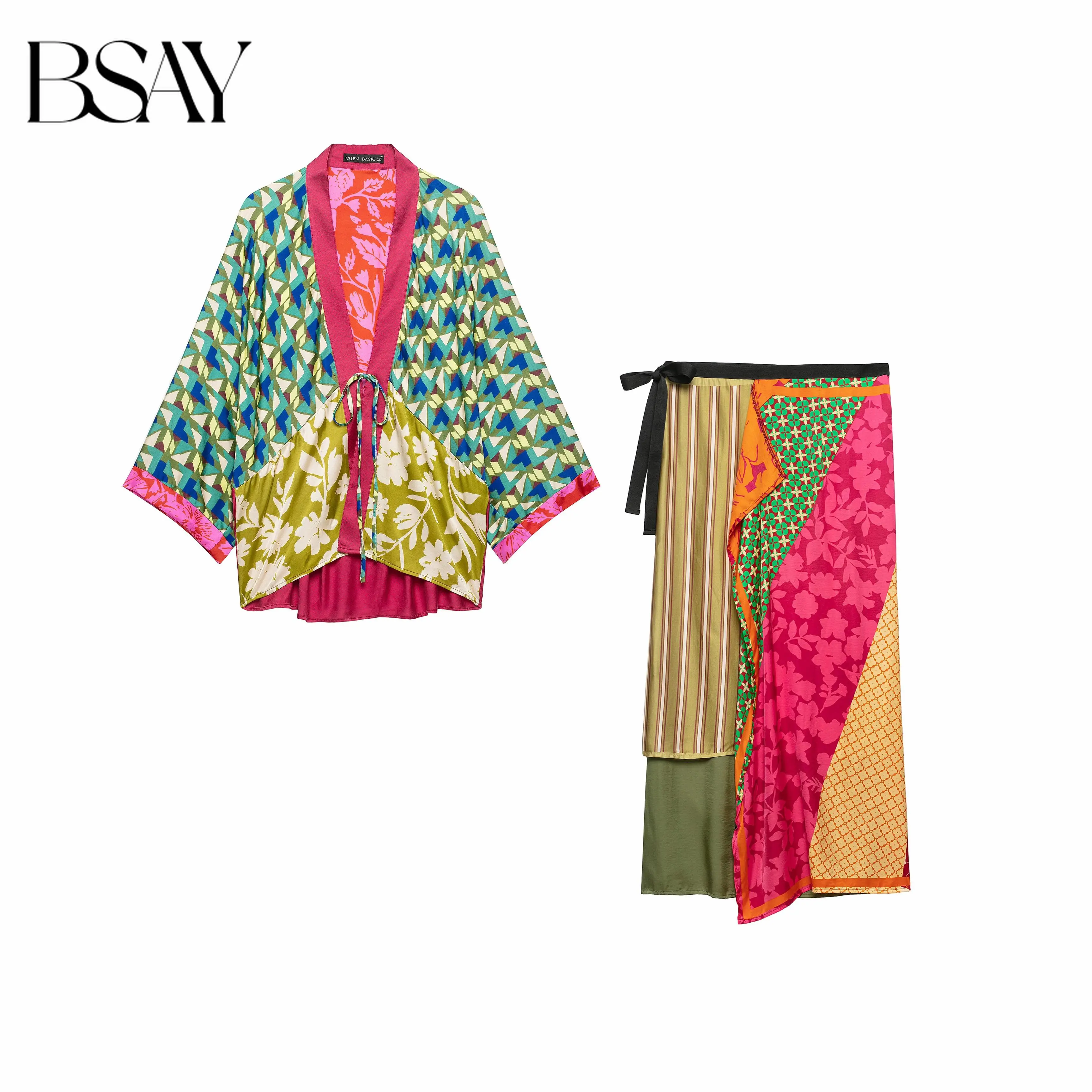 BSAY Art Retro Women Floral Print Kimono Jacket With Striped Wrap Midi Skirt Side Tie Bohemian Vacation Two‑Piece Matching Set
