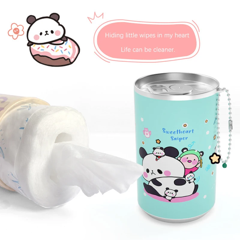 1X Random Canned Wet Wipes Portable Children Barreled Cans 30 Sheets Cleaning Cloths With Creative Cartoon Chain Cute Small Bell