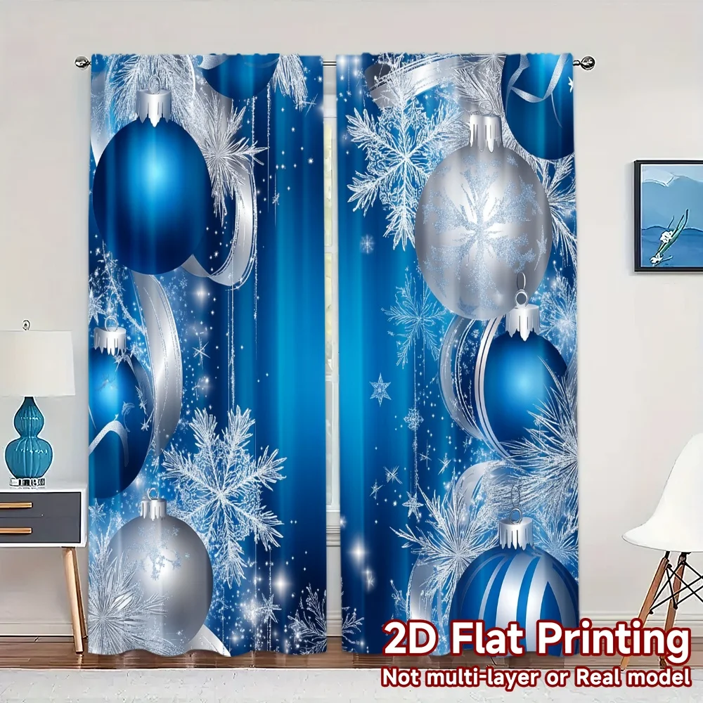 2pcs,Curtains Blue Silver Christmas Ornaments (2) Creative Chic Curtains Polyester Curtains Festive Decorative for Bedroom and