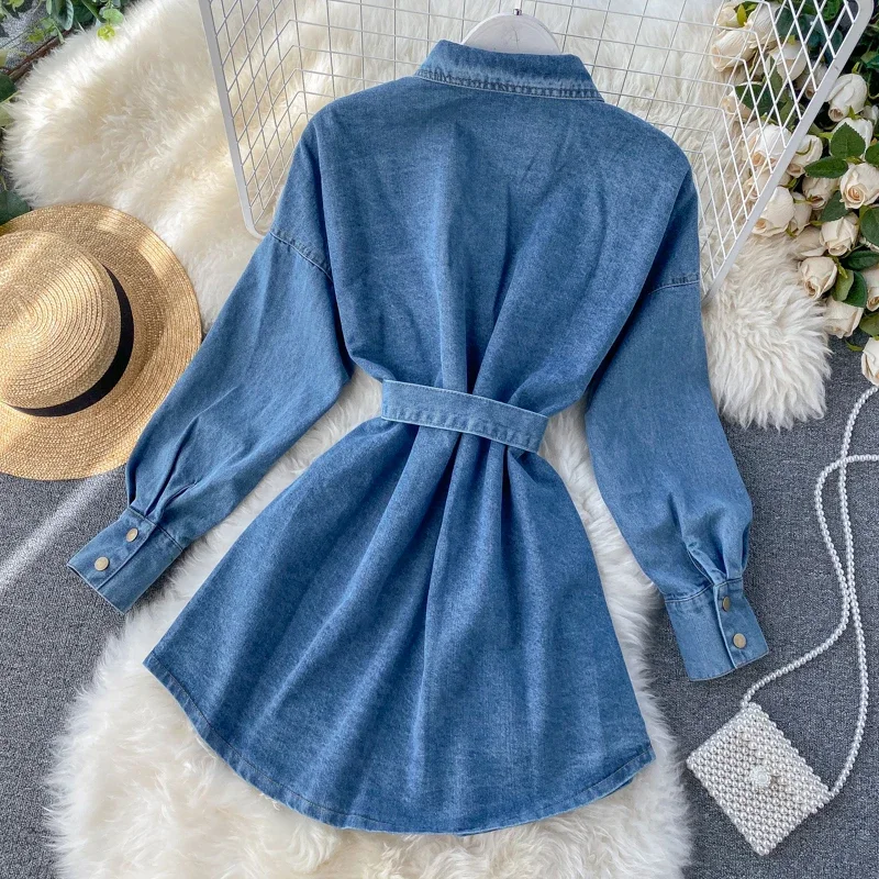 Fashion Women Jeans Dress Long Sleeve Autumn Short Bandage Ladies Black Blue Denim Dress Female Shirt Dress