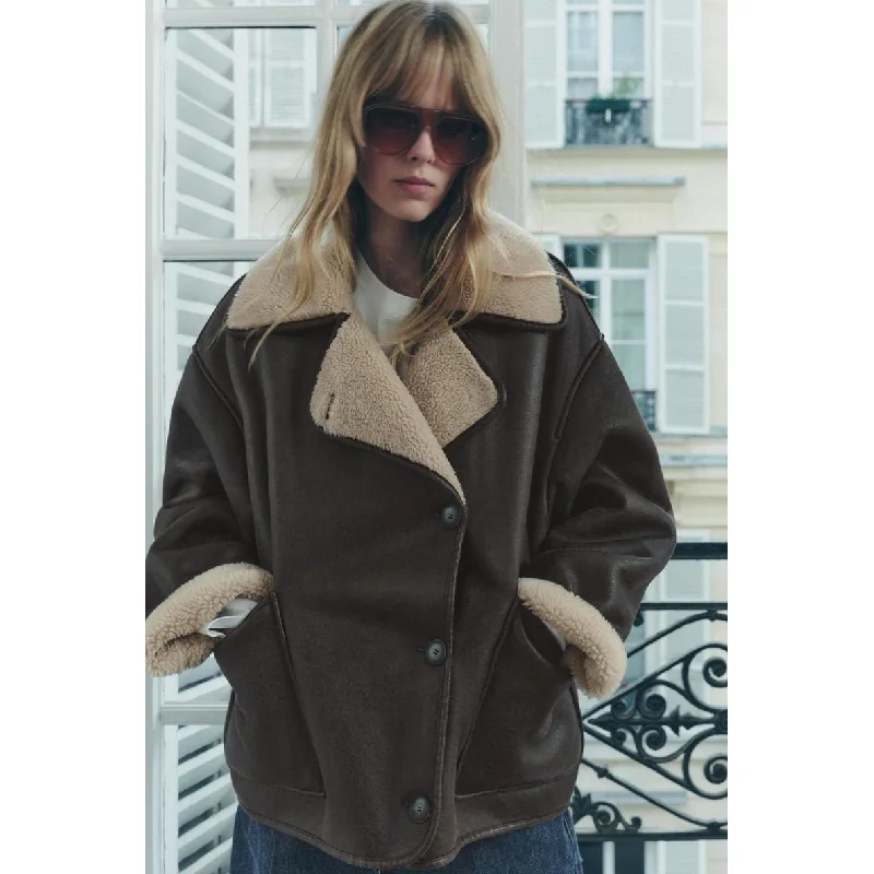 Dwustronny płaszcz z jagnięcej wełny Fce, damski, jesienno-zimowy, ciepły, ocieplany, skórzano-futerowy, zintegrowany, odzież wierzchnia.