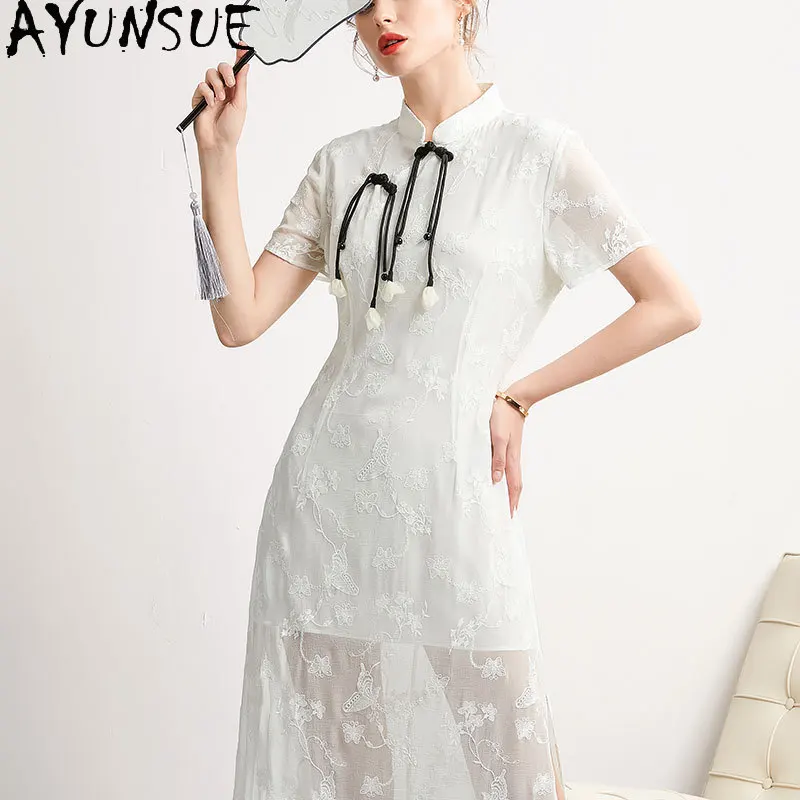 

AYUNSUE 100% Mulberry Silk White Dresses for Women Elegant Women's Dresses Summer Clothes Split Dress Vestidos De Mujer 2024