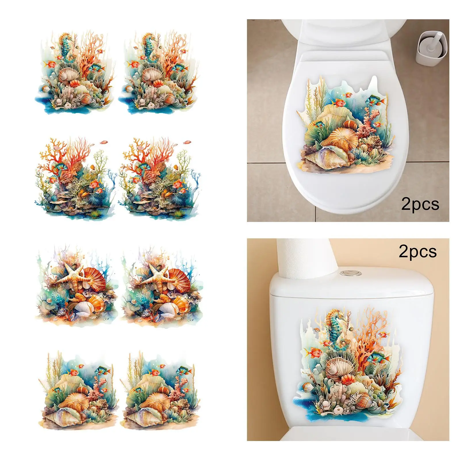 2x Ocean Toilet Stickers Under The Sea Toilet Lid Decals Toilet Seat Lid Stickers for Door Kitchen Washroom Lavatory Home Decor