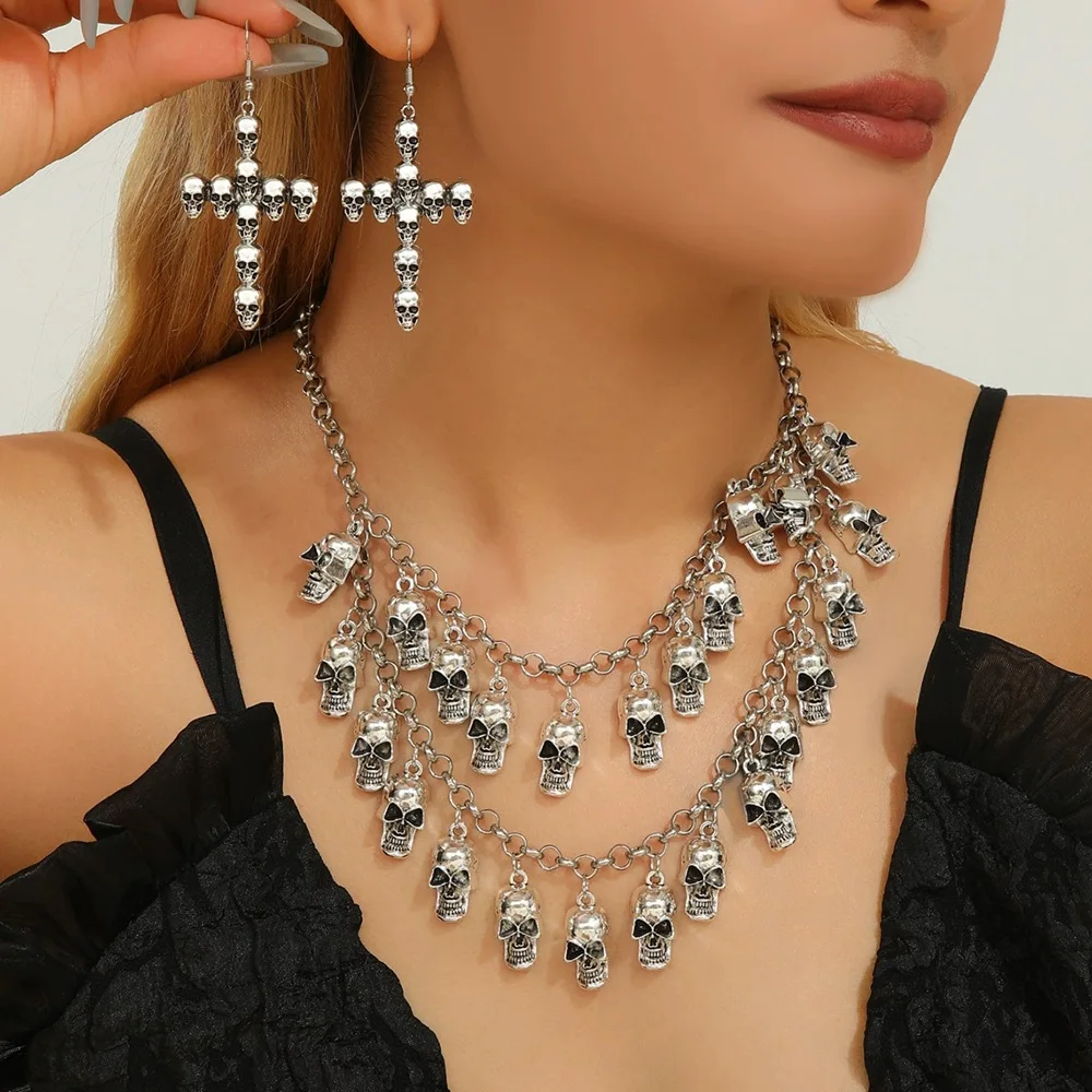 المبالغة الصليب الهيكل العظمي قلادة لفتاة هالوين تأثيري مجوهرات عظام الجمجمة سلسلة الترقوة المعلقات القلائد الإكسسوار