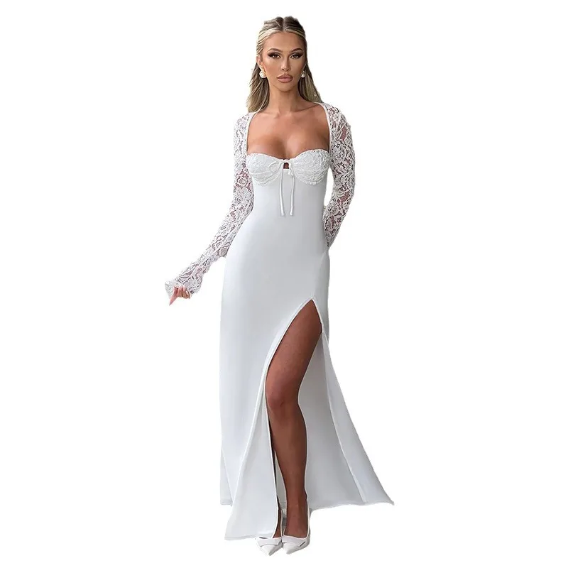 Faionable Sexy Slim Fit Spitze Lange Sve Split Dr Neue Ankunft Damen Kleidung Hohe Taille Gestrickte Polyester Kleid