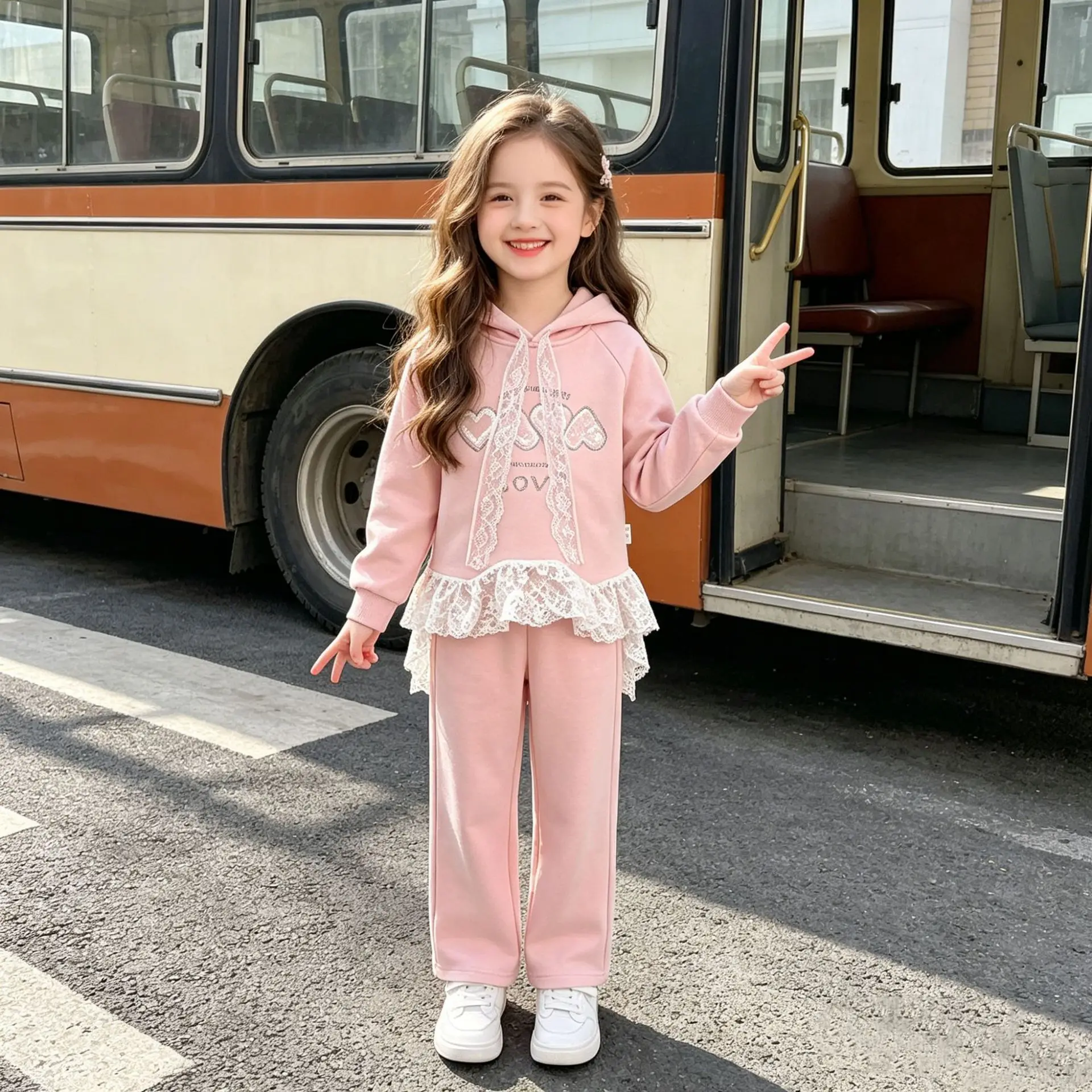 Autumn and Winter Girls Long Sleeve Set Lace Love Letter Hot Diamond Hooded Top Pants Two Piece Set 2026 New 5