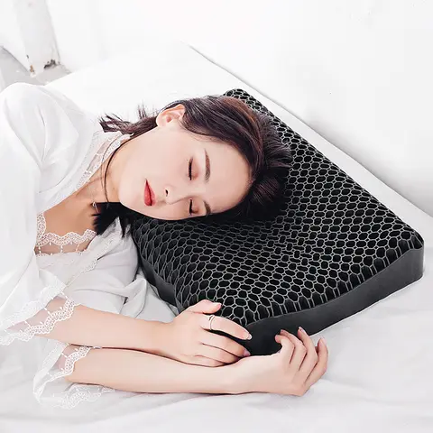 Black Bamboo Charcoal TPE Gel Honeycomb Grid Washable Jelly Silicone Neck Support Breathable Sleeping Pillow for Comfort Sleep