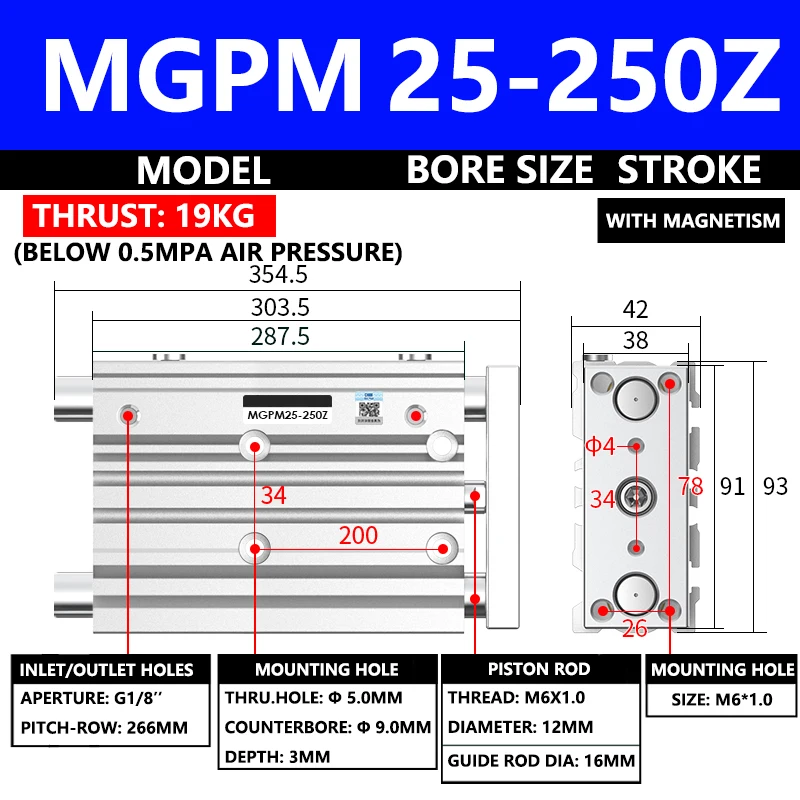 ABILKEEN MGPM Series Pneumatic Compact Guide Cylinder MGPM25-250Z 25MM Bore X 250MM Stroke Three Axis Three Rod Air Cylinder