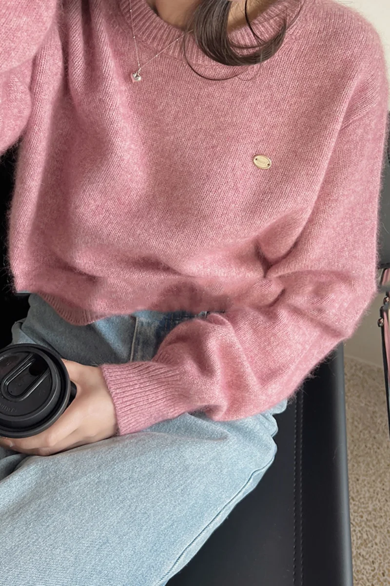 Damen-Pullover mit langen Ärmeln, 100 % Kaschmir, O-Ausschnitt, Strickpullover, hochwertiges Basic-Top für Frühlings- und Herbstmode