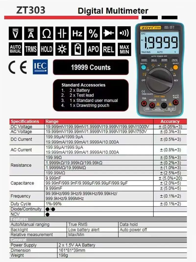 Digital Multimeter ZT 301/302/303 True RMS Auto Range Ammeter Voltmeter Smart Capacitor Temperature NCV Ohm Hz Tester