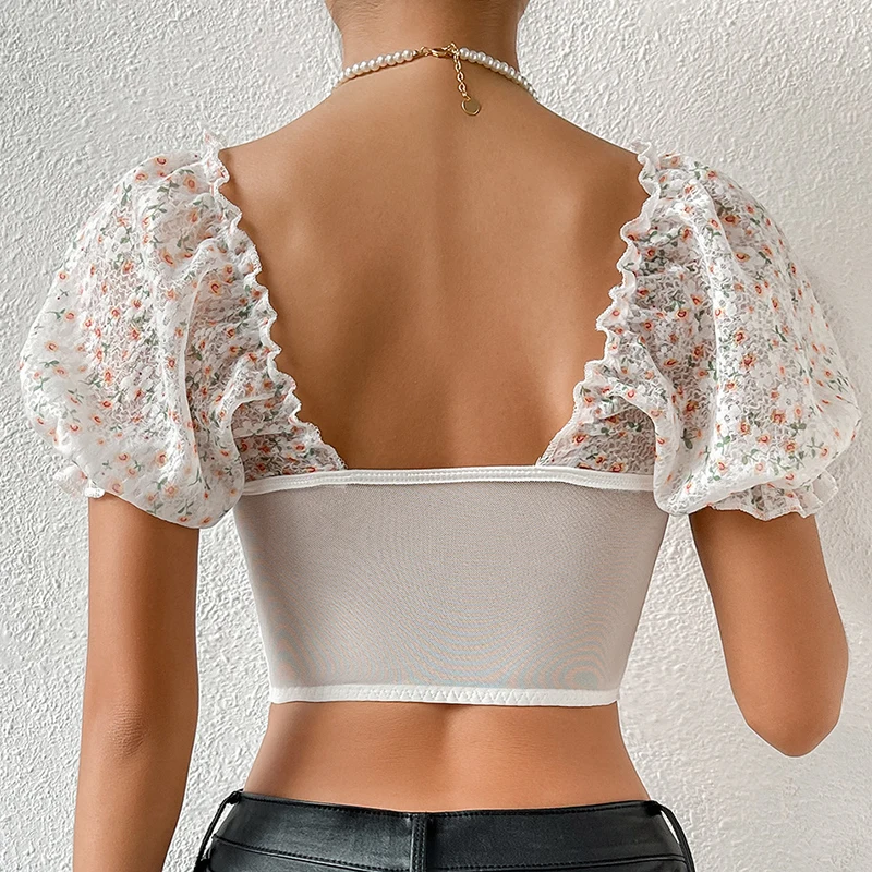 Y2K Summer Women Lace Print Short Crop Top Fairy Grunge Ruffled Puff Sleeves Slim Fit T-shirt Korean Cute Casual Streetwear