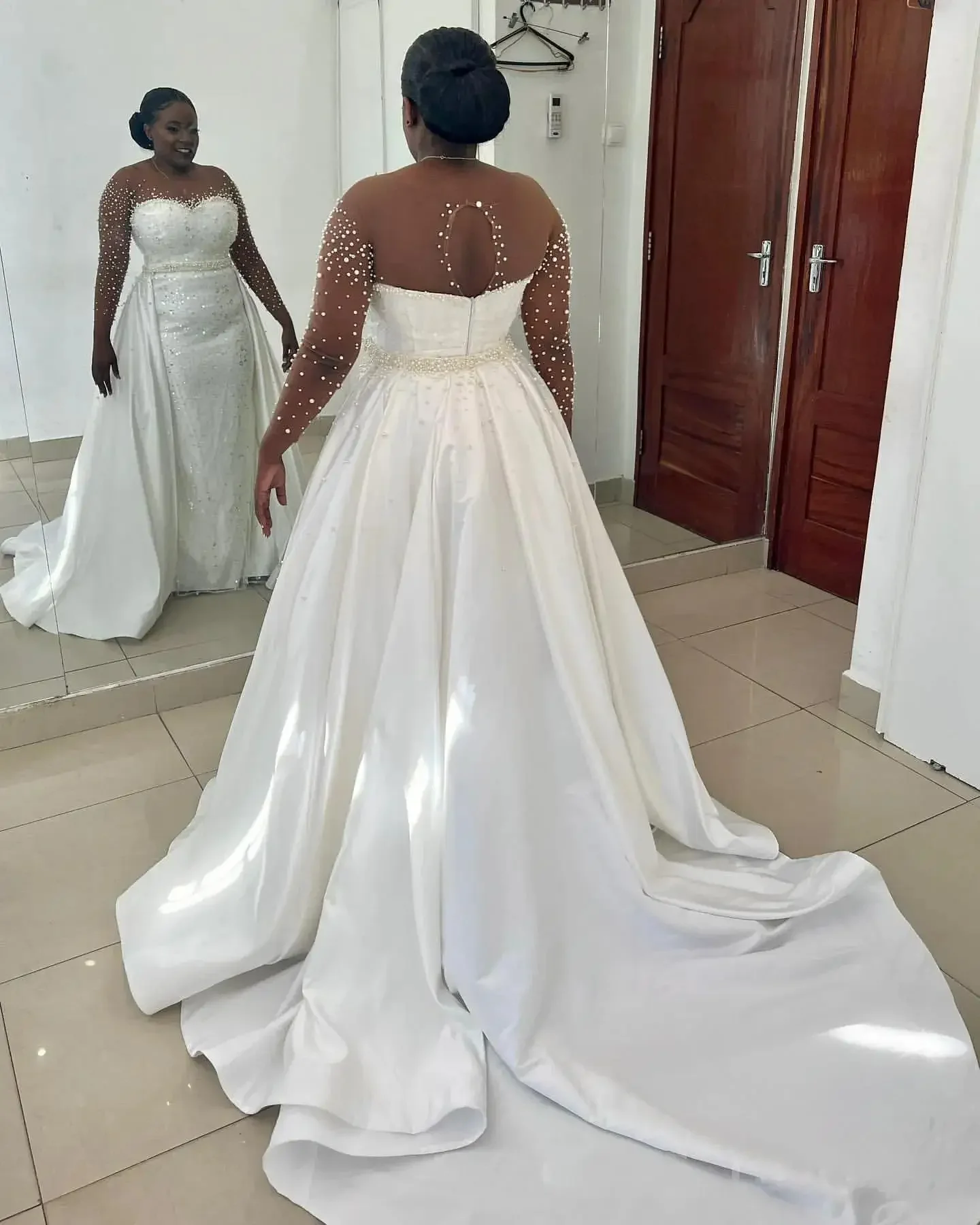 Customized Sheer Neck Sparkly Pearls Beads Mermaid  Wedding Dress Plus Size Open Back  Long Sleeves Detachable Train Bridal Gown