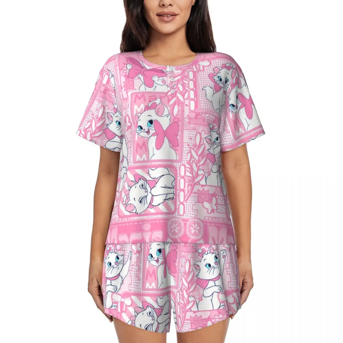 

Cartoon Aristocats Animation Marie Cat Pajamas Set Women's Short Sleeve Sleepwear Loungewear 2 Piece Pjs