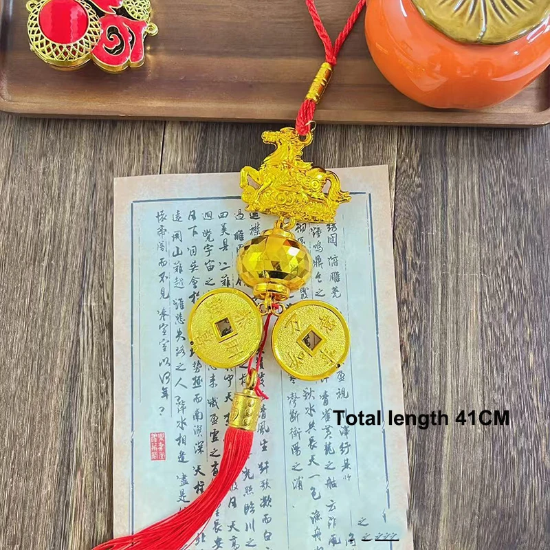 {MX} Gold Plated Horse Zodiac Pendant With Lucky Coin Chinese New Year Ornament Green Plant Potted Hanging Charm Lucky Gift