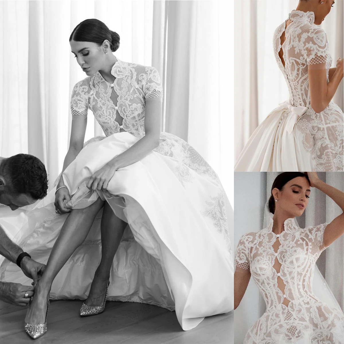 Lace A Line Wedding Dress For Women Elegant Short Sleeve High Neck Appliques Beading Bridal Gowns Puffy Sexy Robe De Mariée