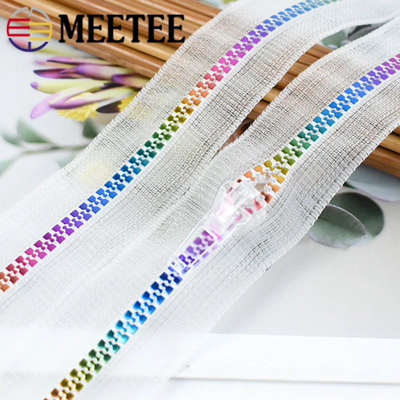 1/2/5Meters 5# Resin Zipper Tape Transparent Rainbow Decorative Zip with Zippers Slider Puller Clothes Zips Sewing Accessories