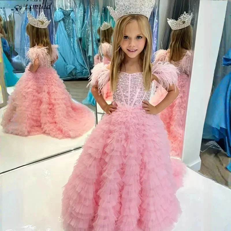 

Pink Flower Girl Dresses Feather Sequined Beading Children Birthday Party Gowns Tiered Tulle Kids Wedding Guests Dresses