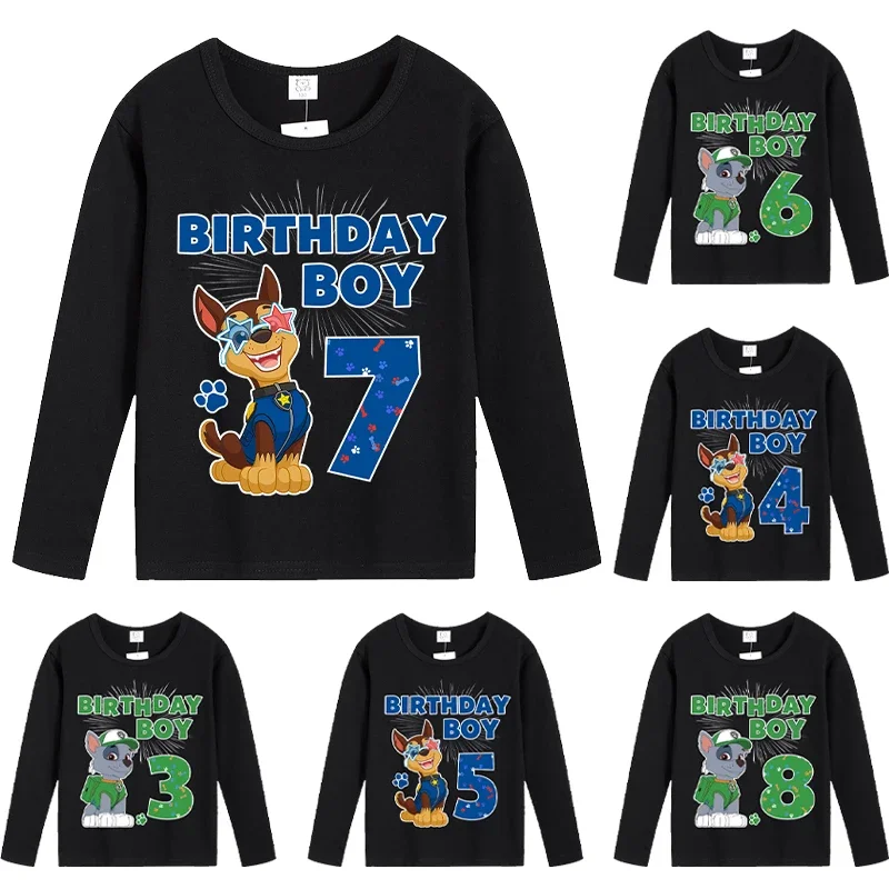 New Paw Patrol T-shirts for Children Cute Cartoon Birthday Number Printed Tops Kawaii Kids Long-sleeved T-shirt Baby Boy Clothes