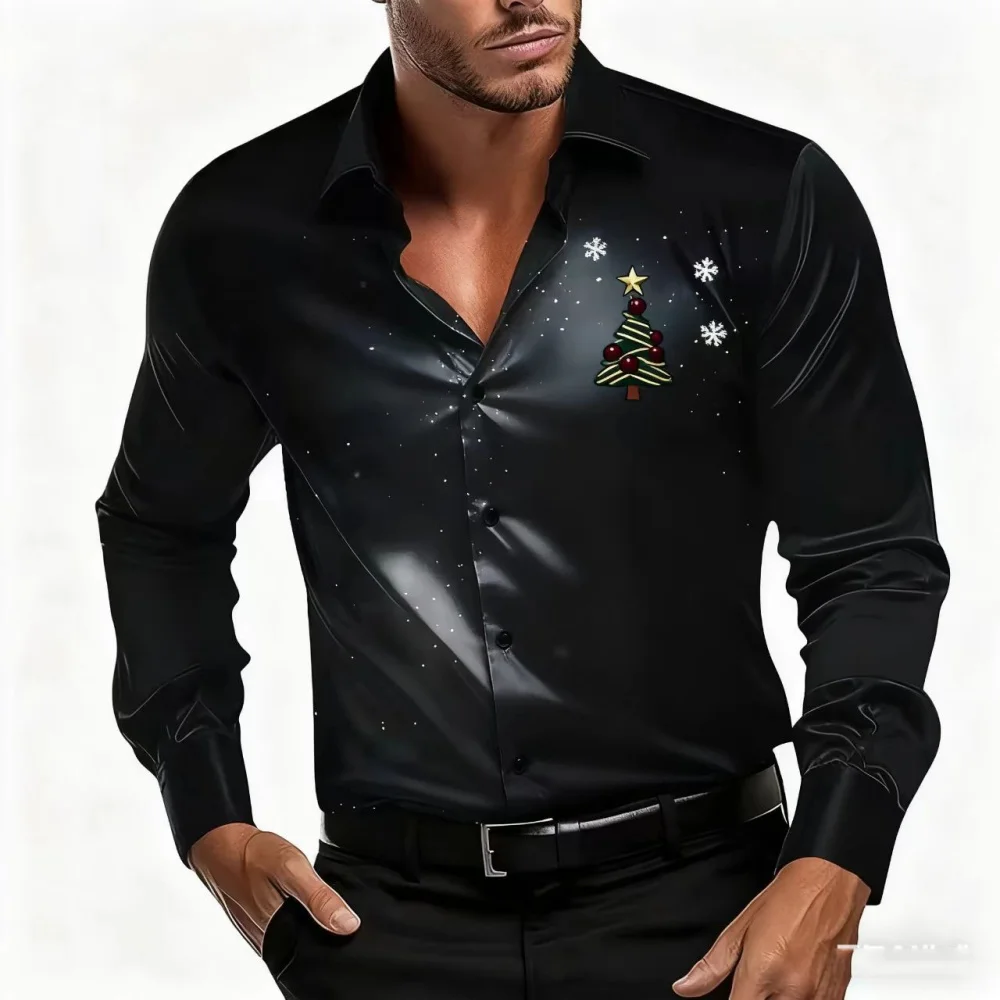

2025 Newest Men's Christmas Tree Shirt, Button-down Collar, Long Sleeves, Suitable for Parties, Evenings, and Everyday Wear
