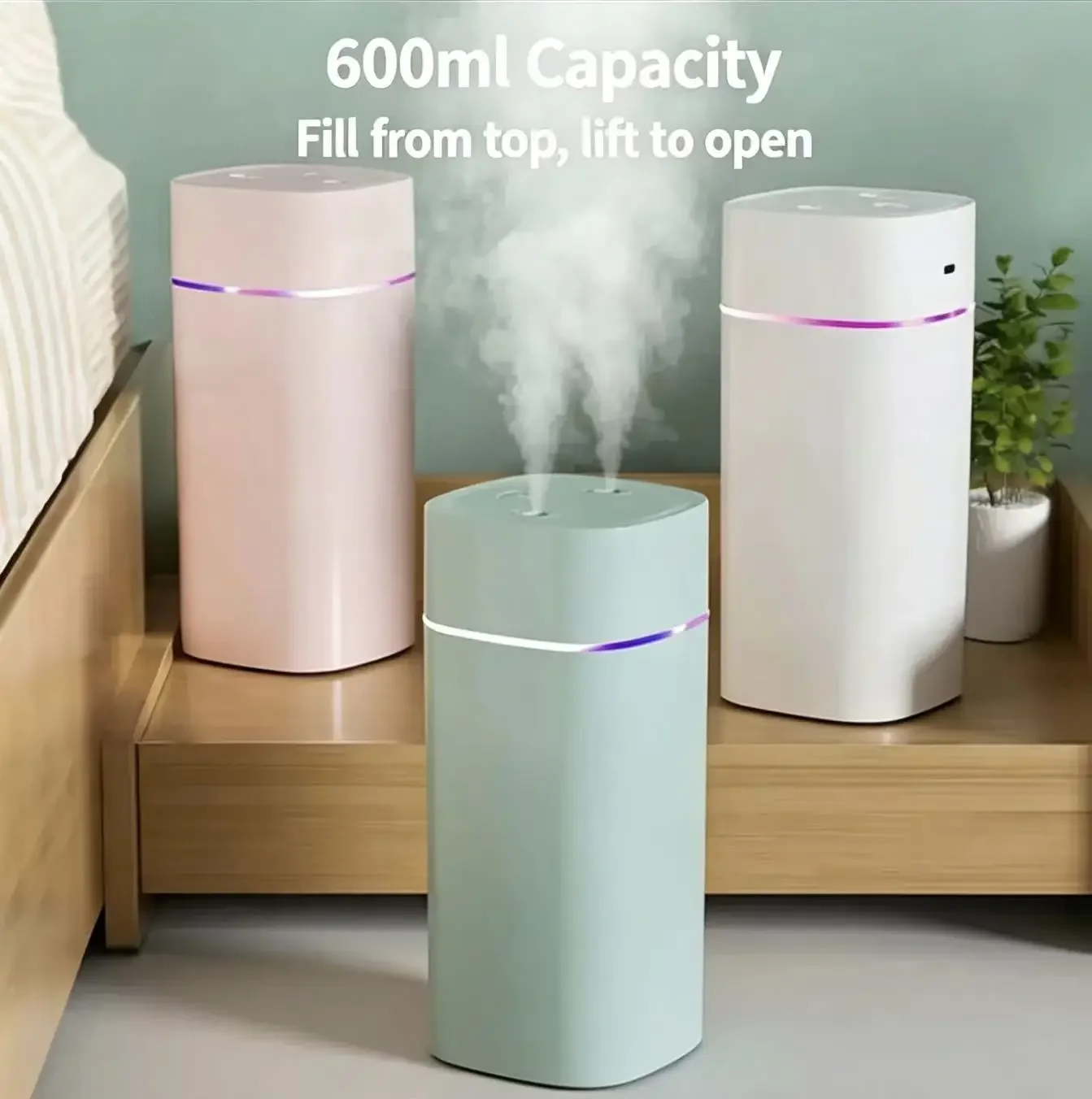 Dual-Nozzle USB Humidifier | 600ml/H Super Mist & Ultra Quiet | Car/Home Moisturizing Device