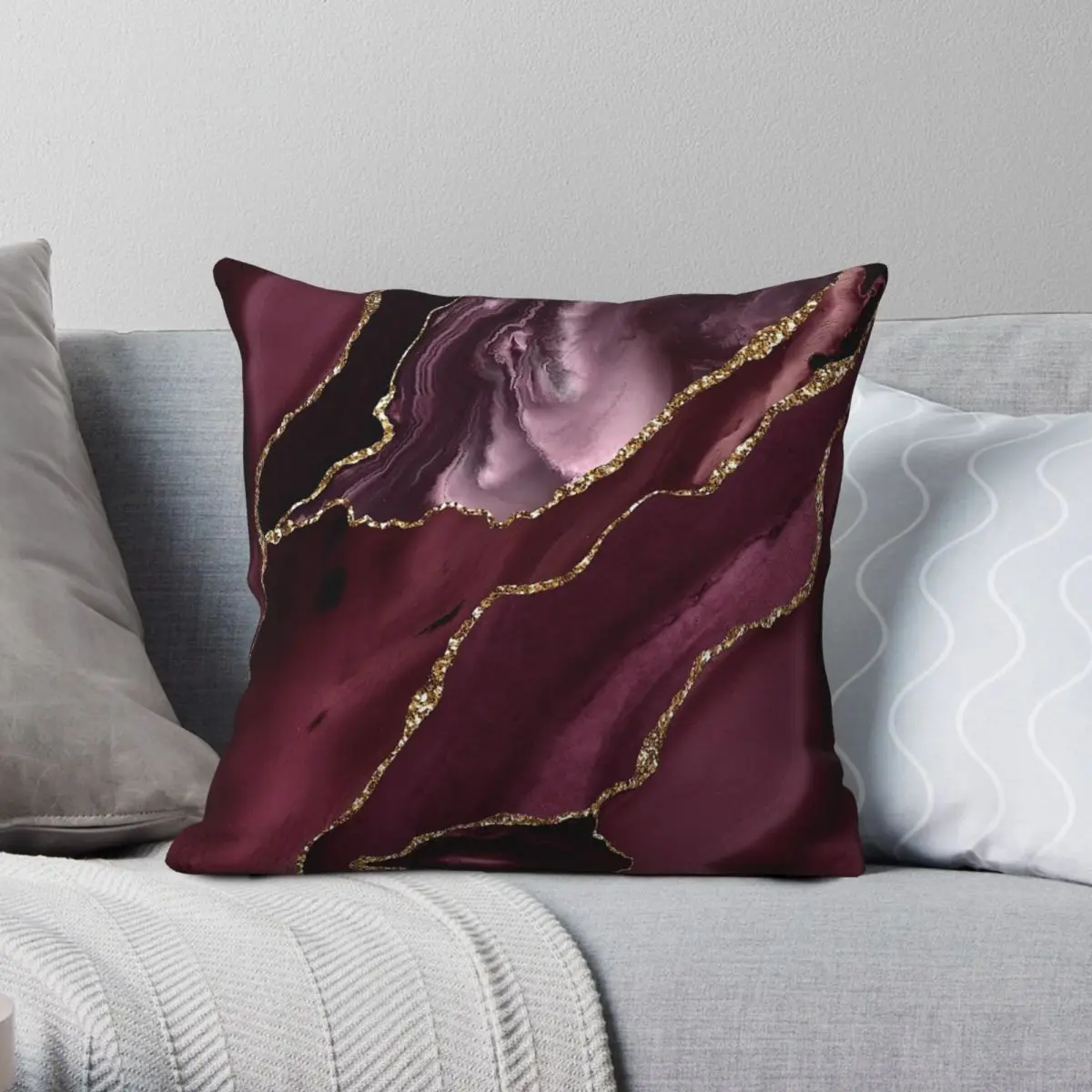 Burgundy Maroon Geode Agate Square Pillowcase Polyester Linen Velvet Printed Zip Decorative Pillow Case Room Cushion Cover