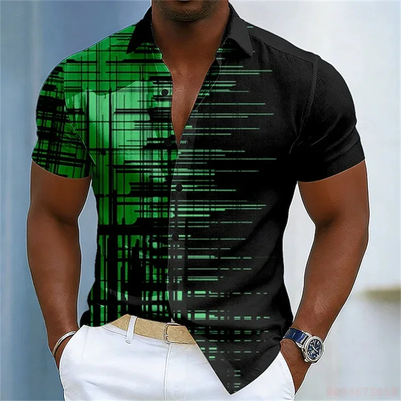 Men Summer Lapel Short Sleeve Hawaiian Shirt Casual Versatile Beach Tops, Black Red Blue Gradient Light Line Print