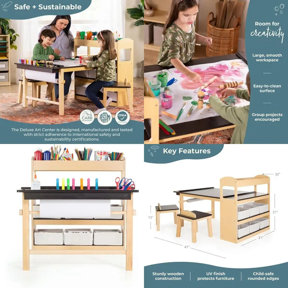 

Детский набор: стол и стулья для творчества с полками для хранения, тканевыми контейнерами и рулоном бумаги | Деревянный развивающий стол для детей, дошкольников, для дома